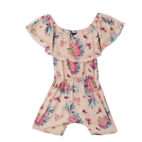 Little Girl One Piece Onesie Romper Off Shoulder Pompom Short Outfit Summer Pool - Picture 1 of 8